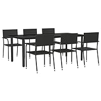 vidaXL 7-Piece Outdoor Patio Dining Set - Black Poly Rattan and Steel Frame, Weather-Resistant -Includes Glass Table and Stackable Chairs for Garden, Porch, Backyard