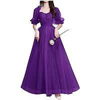 Women's Long Prom Dress for Teens Puffy Sleeves Pleated A Line Tulle Juniors Homecoming Dress Formal Evening Party Gowns
