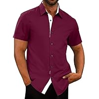 JMIERR Men's Casual Button Up Shirts Wrinkle-Free Short Sleeve Business Muscle Slim Fit Non Iron Dress Shirt for Men, 4XL, Burgundy