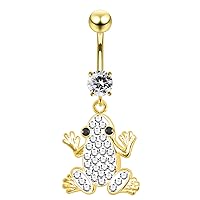 Gold Plated Clear Gems Fancy Frog Sterling Silver Dangling Belly Ring