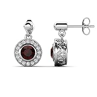 Round Red Garnet & Natural Diamond 1.69 ctw Halo Drop and Dangle Earrings 14K Gold
