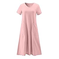 Women's Cotton Linen Dresses Casual Loose V Neck Maxi Dress Plus Size Summer Short Sleeve Baggy Sundress with Pockets