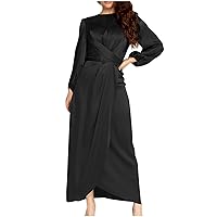 Women's Casual Dresses Solid Color Feminine Tunic Dress Satin Muslim Long Dress