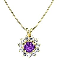 Beautiful Round Shape Created Amethyst & Cubic Zirconia 925 Sterling Sliver Halo Cluster Pendant Necklace for Women's,Girls 14K White/Yellow/Rose Gold Plated