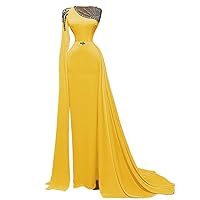 Keting Yellow Satin Crystals Mermaid Prom Evening Shower Party Dress Celebrity Pageant Gown