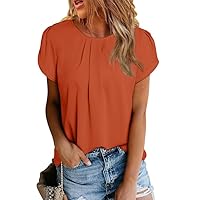Dokotoo Women's Casual Round Neck Basic Pleated Tops Short Sleeve Loose Fit Curved Keyhole Back Chiffon Blouses Tshirts