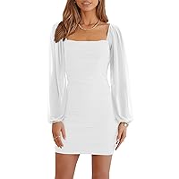 Ofenbuy Women's Mesh Long Sleeve Dress Square Neck Ruched Mini Bodycon Dress Stretch Party Cocktail Dresses