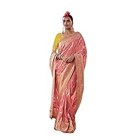 Peachy Pink Stylish Trendy Wedding wear Woman Patola Silk Saree Blouse Indian Heavy work Sari 3717