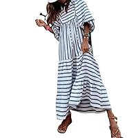 Women Long Dress Summer Casual Loose Style Elegant V Neck 3/4 Sleeve Pleated A-Line