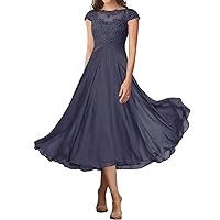 Tea Length Mother of The Bride Dresses Lace Appliques Ruched Cap Sleeve Wedding Guest Evening Dress