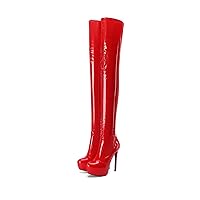 Frankie Hsu Platform Synthetic Patent Leather Red Stiletto Over The Knee Boot, Classic Sexy Thigh High Style, Large Size Fashion Super High Heels Above The Knee High Boots For Women US4-19