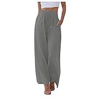 Women's Pants Trendy Linen Summer Wide Leg Pants Flowy Solid Color Beach Pants with Pockets Dress Pants, S-3XL