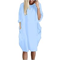 Plus Size Bagggy Tshirt Dresses for Women Summer Casual Loose Rolled Sleeve Knee Dress Solid Color Pockets Dress