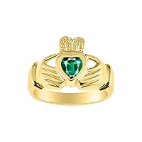 Rings 14K Gold Plated Silver Claddah Love, Loyalty & Friendship Heart 6MM Gem Irish Wedding Band Claddagh Rings Birthstone Jewelry for Women Sterling Silver Rings for Women & Men Size 5-13