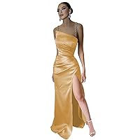 Satin Mermaid Prom Dresses for Women Long Spaghetti Straps Beaded Ruched Formal Evening Gowns with Slit