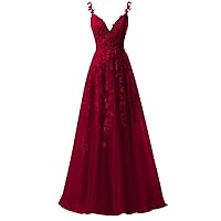 PEIYJYUSP Tulle Lace Appliques V Neck Prom Dresses A Line Wedding Bridesmaid Prom Dress for Teens Ball Gown