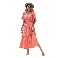 Women's Summer Tassel Trim Batwing Sleeve Shirred Waist Ruffle Hem Dress (Color : Watermelon Pink, Size : Medium)