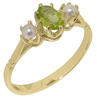 Solid 10k Gold Natural Peridot & Cultured Pearl Womens Ring (Yellow, Rose, White Gold options) - Sizes 4 to 12 Available