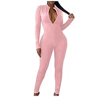 Women's Sexy Bodycon Jumpsuit V Neck Long Sleeve Rompers Zipper Onesie Outfits Yoga Activewear Trendy Clubwear
