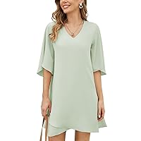 BELONGSCI Women's 2024 Summer Dress Sweet & Cute V-Neck 3/4 Bell Sleeve Casual Flowy Swing Dress