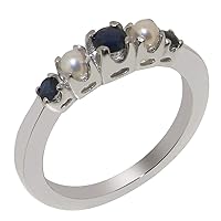 Solid 925 Sterling Silver Natural Sapphire & Cultured Pearl Womens band Ring - Sizes 4 to 12 Available