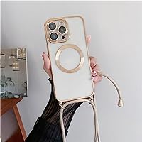Plating Clear Magnetic Wireless Charging Cases for iPhone 15 14 11 12 13 Pro Max Crossbody Lanyard Necklace Cover,Gold,for iPhone 11 Pro