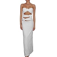 Women's 3D Floral Long Dress Strapless Halter Nech Hollow Out Bodycon Dress Summer Sleeveless Cut Out Dress