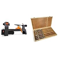 WEN LA3421 3.2-Amp 8-Inch by 13-Inch Variable Speed Mini Benchtop Wood Lathe, Black & CH11 6-Piece Artisan Chisel Set with 6-Inch High-Speed Steel Blades and 10-Inch England Beech Handles