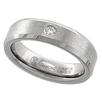 6mm Tungsten 900 Diamond Wedding Ring for Him & Her 0.06 cttw Beveled Edges Comfort fit, sizes 4 to 9.5