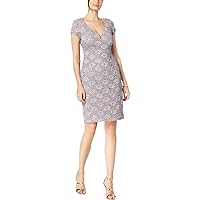 Connected Apparel Womens Silver Stretch Embellished Lace Short Sleeve Sweetheart Neckline Above The Knee Cocktail Sheath Dress Petites 8P