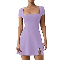 Mini Dresses for Women, Women's Square Neck Slim Short Sleeve Top Stretch Sheath 2024 Tanks, S XL