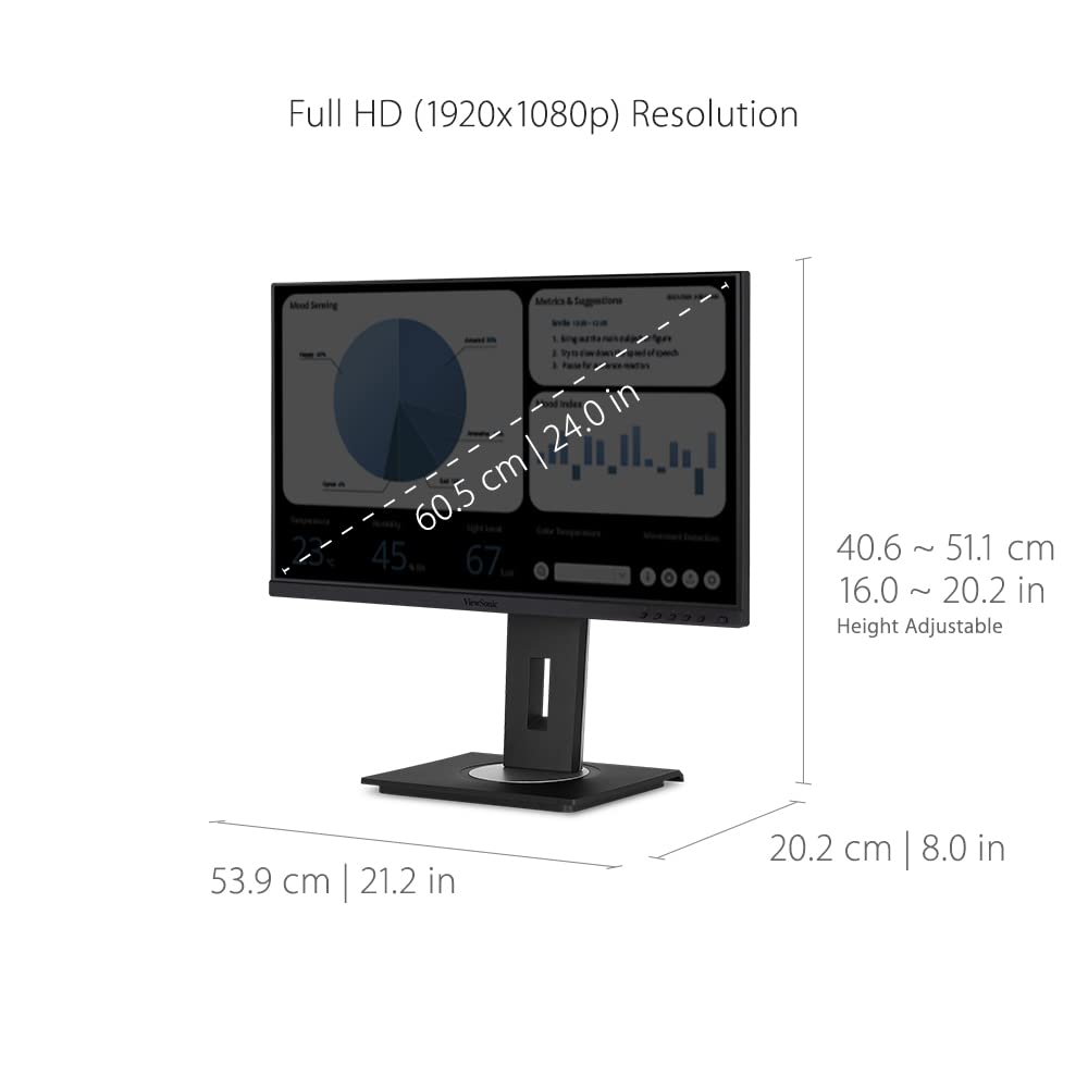 ViewSonic VG2448A 24 Inch IPS 1080p Ergonomic Monitor with Ultra-Thin Bezels, HDMI, DisplayPort, USB, VGA, and 40 Degree Tilt for Home and Office, Black, 12.6