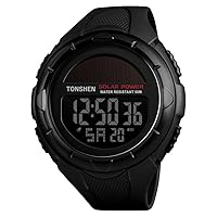 TONSHEN Unisex Large Dial Multifunction Outdoor Military Digital Sport Solar Watch LED Electronic Alarm Stopwatch 50M Waterproof Watches for Men and Women Plastic Case with Rubber Band