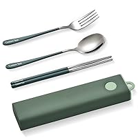 Muka Set of 3 Personalized Portable Utensils Stainless Steel Chopsticks Fork Spoon Travel Flatware Set with Custom Logo & Name-Green