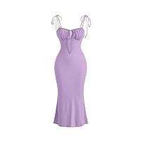 Womens Spring Summer Casual Dress Sleeveless Tie Front Ruched Bust Knot Shoulder Cami Dress