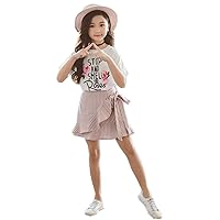 Girls Floral Printed Letter Shirt Top + Striped Skirt
