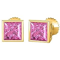 Princess Cut Created Pink Sapphire 14K Yellow Gold Plated 925 Sterling Silver Fashion Four Bezel Setting Stud Earrings Great Gift for Any Occasion For Womens Girls (4MM To 10 MM)