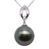 JYX Pearl 18K Gold Pendant AAA Quality 12mm Round Peacock Green Tahitian Cultured Pearl Pendant Necklace 18''