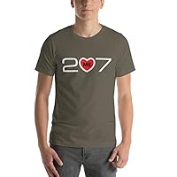 Maine's Area Code 207 with Center Red Heart Design. Unisex t-Shirt, Dark Colors.