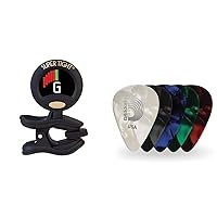 Snark ST-8 Super Tight Clip On Tuner (Current Model) & D'Addario Assorted Pearl Celluloid Guitar Picks, 10 Pack, Medium