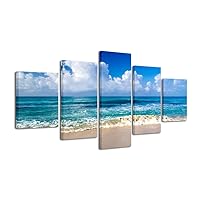 Pyradecor Seaside Large Modern Seascape 5 panels Canvas Prints Landscape Pictures Paintings on Canvas Wall Art Ready to Hang for Living Room Bedroom Home Decorations L