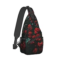 Red And Black Rose Print Trendy Casual Daypack Versatile Crossbody Backpack Shoulder Bag Fashionable Chest Bag