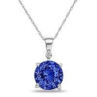 The Diamond Deal 10k Yellow Or White Gold Lab-Created Blue Sapphire Solitaire Pendant For Women |September Birthstone Gemstone Pendant | Accented Diamond Pendant For Women | With 18 inch Gold Chain