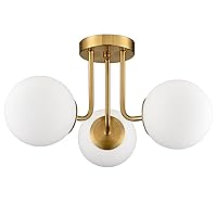 Modern Brass Gold 3-Light Ceiling Light with Globe White Glass Shade Semi Flush Mount Ceiling Light for Living Room Hallway Sputnik Chandelier Lighting Fixture