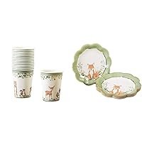 Kate Aspen Woodland Baby Premium Paper Plates and Cups Set - Includes 7 Inch Plates (Set of 16) and 8 Ounce Cups (Set of 16)