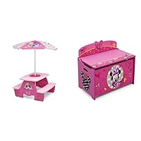 4 Seat Activity Picnic Table with Umbrella and Lego Compatible Tabletop, Minnie Mouse (32.5 in x 34.25 in x 53.5 in) Deluxe Toy Box, Disney Minnie Mouse
