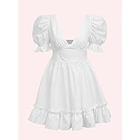 Summer Dresses for Women 2022 Puff Sleeve Backless Ruffle Hem Dress (Color : White, Size : X-Small)