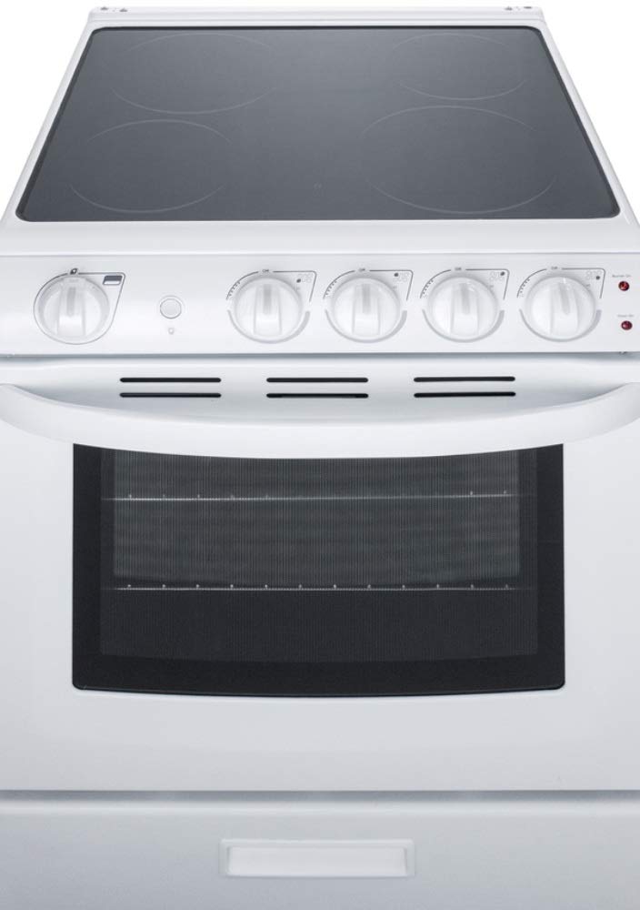 Summit REX2421WRT 24 Electric Range with 4 Elements Ceramic Glass Cooktop 2.9 cu. ft. Oven Capacity Storage Drawer Adjustable Racks ADA Compliant in White