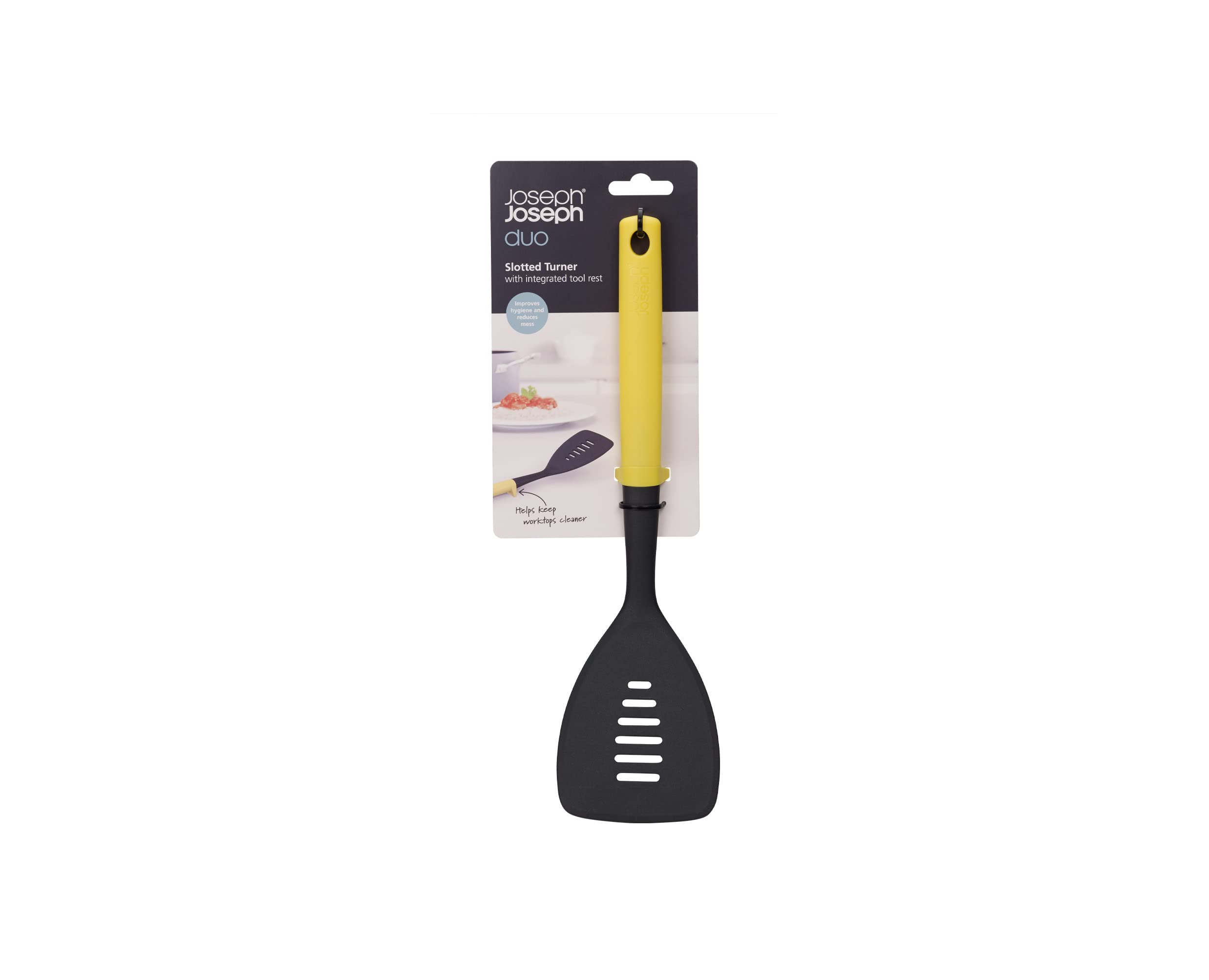 Joseph Joseph Duo Slotted Turner with Integrated Tool Rest: Hygienic, Heat-Resistant Nylon Head, Safe for Non-Stick Cookware, Light Yellow