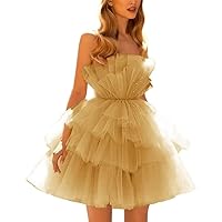 Strapless Homecoming Dresses for Teens Tiered Tulle Puffy Short Prom Dresses Ruffle Mini Party Gown